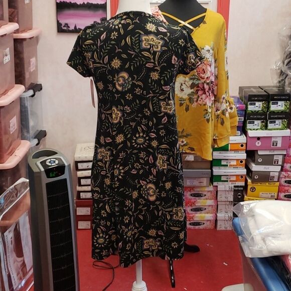 Black Floral Retro Print Mini Dress sz M 8-10 L 10-12 XL 12-14 - Picture 7 of 10